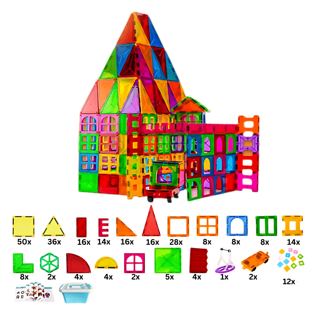 Blocos de construção magnéticos educativos Ozerty França, conjunto com 258 peças para montar e aprender brincando.