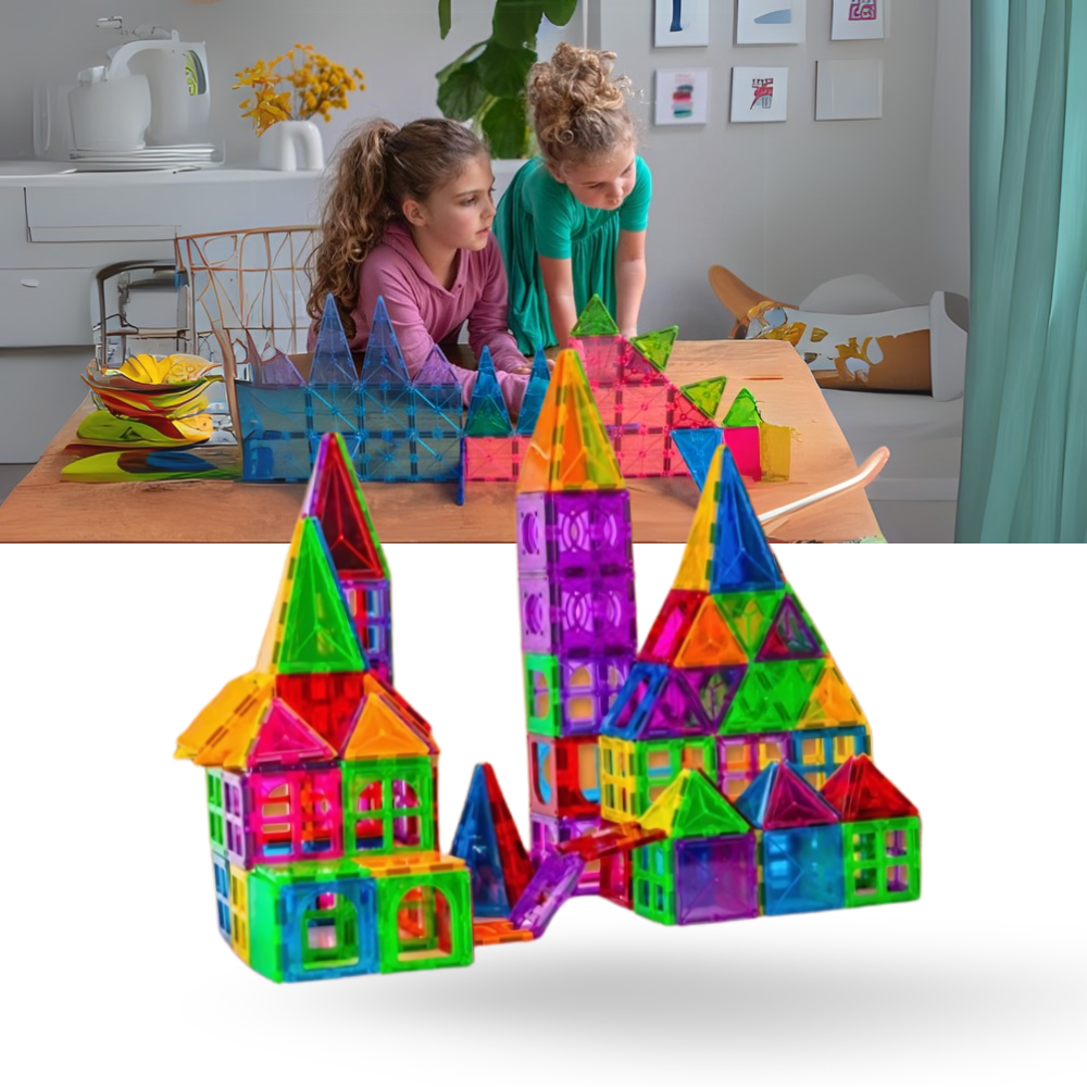 Blocos de construção magnéticos educativos Ozerty France, conjunto de figuras e peças de brinquedo para aprendizagem e criatividade.