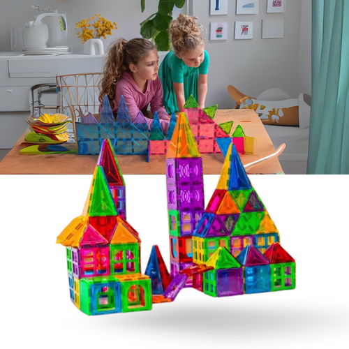 Blocos de construção magnéticos educativos Ozerty France, conjunto de figuras e peças de brinquedo para aprendizagem e criatividade.