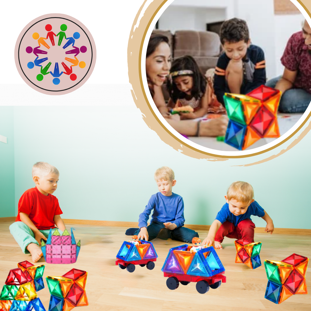 Blocos de construção magnéticos educativos da Ozerty França, com formas coloridas para montar e aprender.