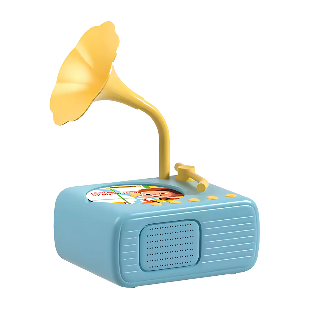 Brinquedo educativo grampo retrô Thogive em azul, com design vintage e botões para tocar músicas e sons educativos.