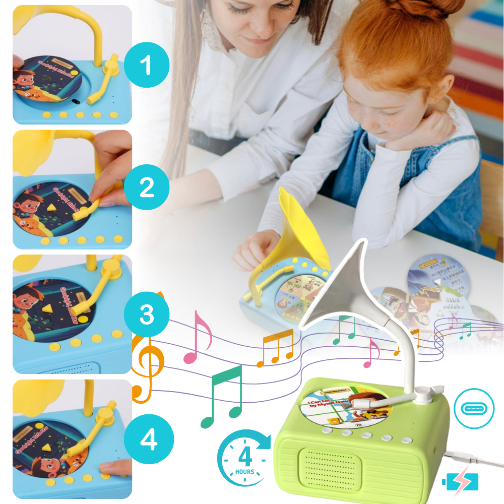 Brinquedo educativo de gramofone retrô da Thogive, com design vintage e botões para tocar músicas de forma fácil e divertida.