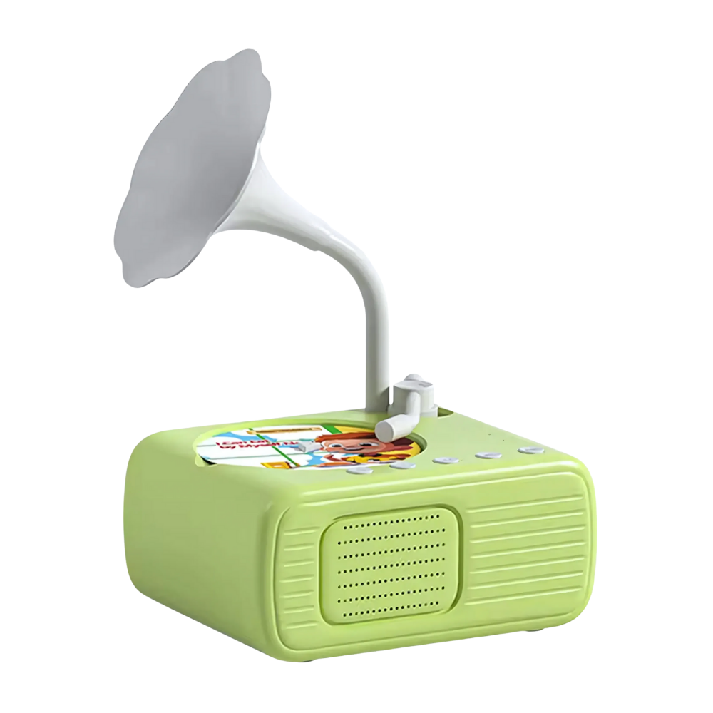 Brinquedo educativo de gramofone retrô verde da Thogive, com design vintage e detalhes que estimulam a criatividade infantil.