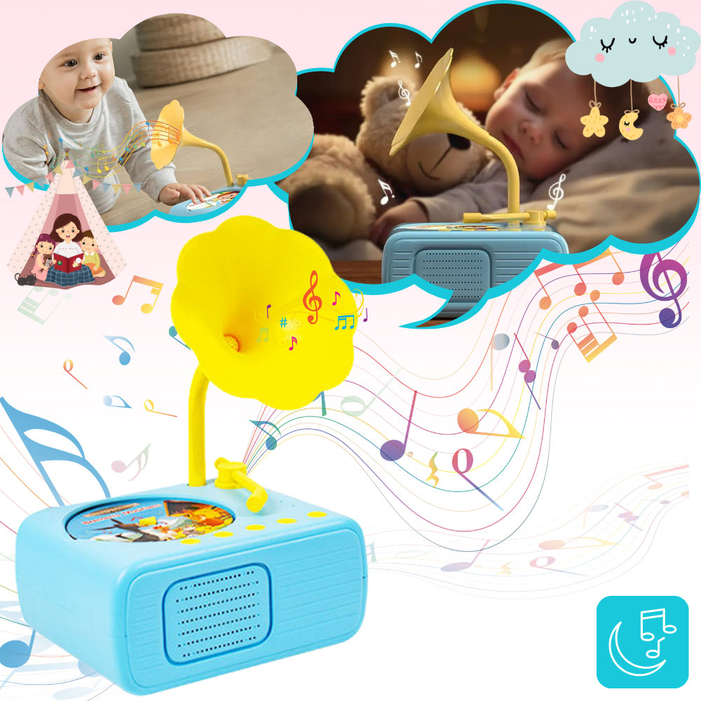 Brinquedo educativo em forma de gramofone retro da Thogive, com detalhes vintage e cores vibrantes, ideal para crianças.