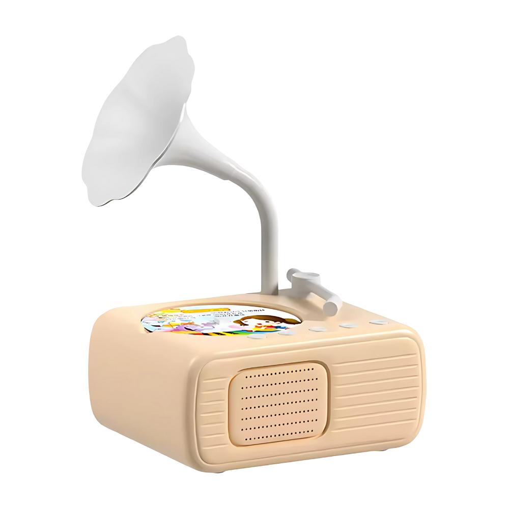 Brinquedo educativo gramofone retrô laranja da marca Thogive, com design vintage e botões de controle visíveis.