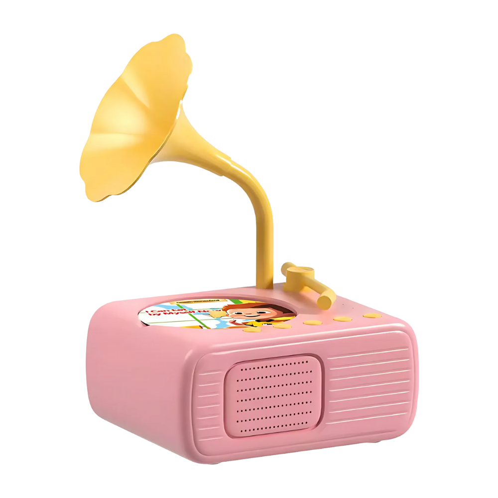 Brinquedo educativo gramofone retrô rosa da Thogive, com detalhes vintage e botões de controle visíveis na imagem.