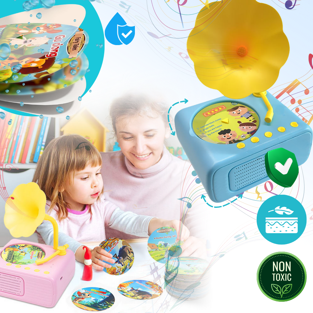 Brinquedo educativo de gramofone retrô da Thogive, com design vintage e detalhes coloridos, ideal para estimular a aprendizagem infantil.