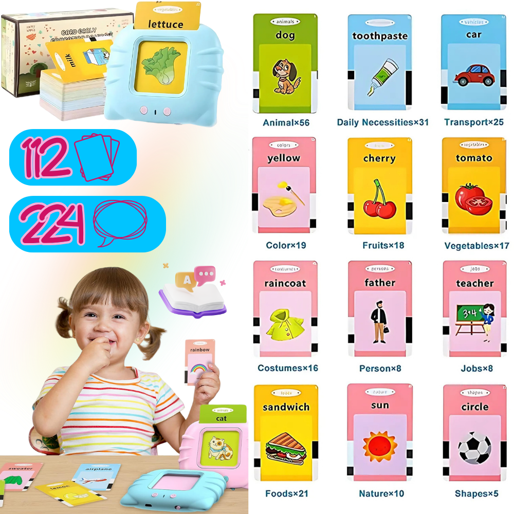 Cartões parlantes educativos para crianças da marca Riserva, com ilustrações e palavras para aprender de forma divertida.