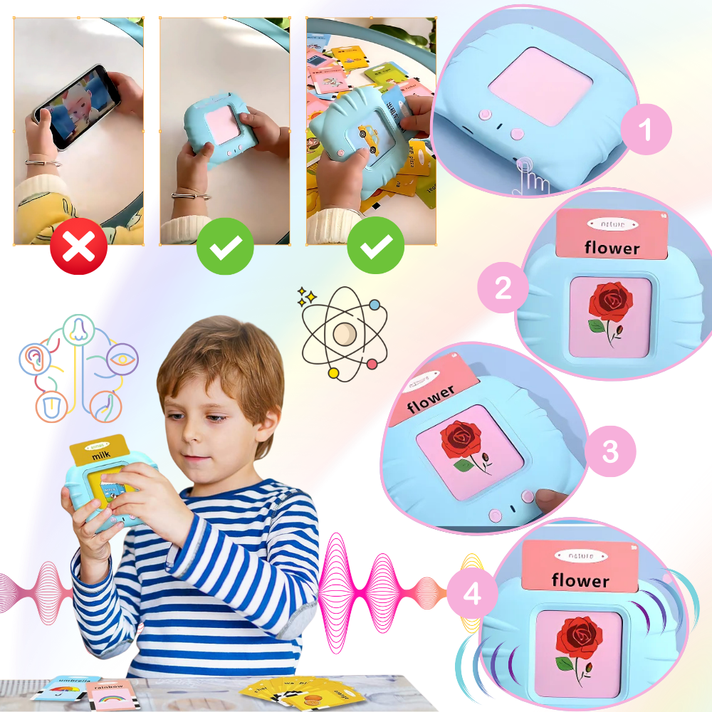 Cartões parlantes educativos para crianças, brinquedo de aprendizado da marca Riserva, com ilustrações coloridas e textos em destaque
