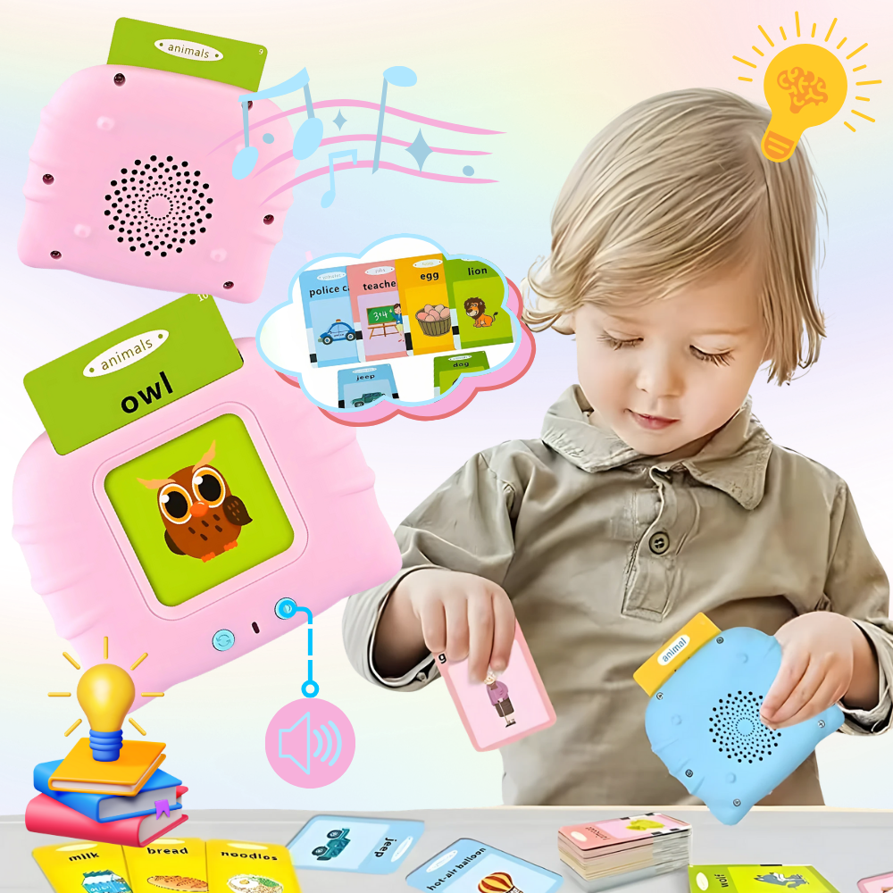 Cartões parlantes educativos para crianças da marca Riserva, com ilustrações coloridas para aprendizado divertido.