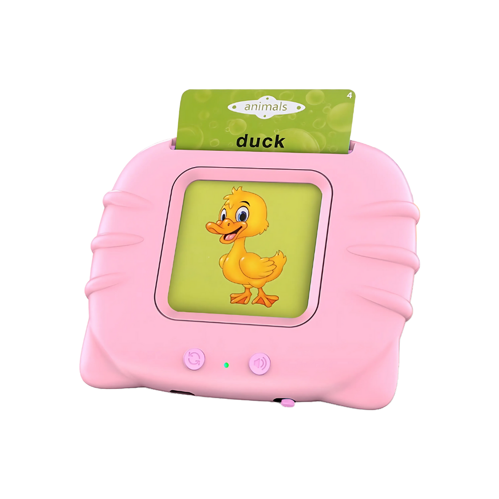Cartões parlantes educativos rosa da Riserva, brinquedo infantil que ensina palavras e cores de forma interativa.