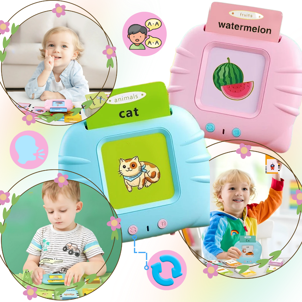 Cartões parlantes educativos para crianças da marca Riserva, brinquedo de aprendizado com imagens e sons interativos.