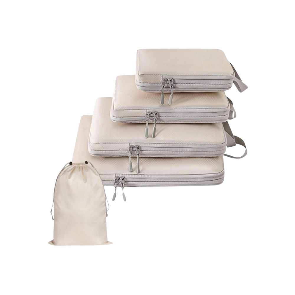 Conjunto de 4 sacos de compressão Egdank para organização de bagagens em tom bege, facilita arrumação e economia de espaço.