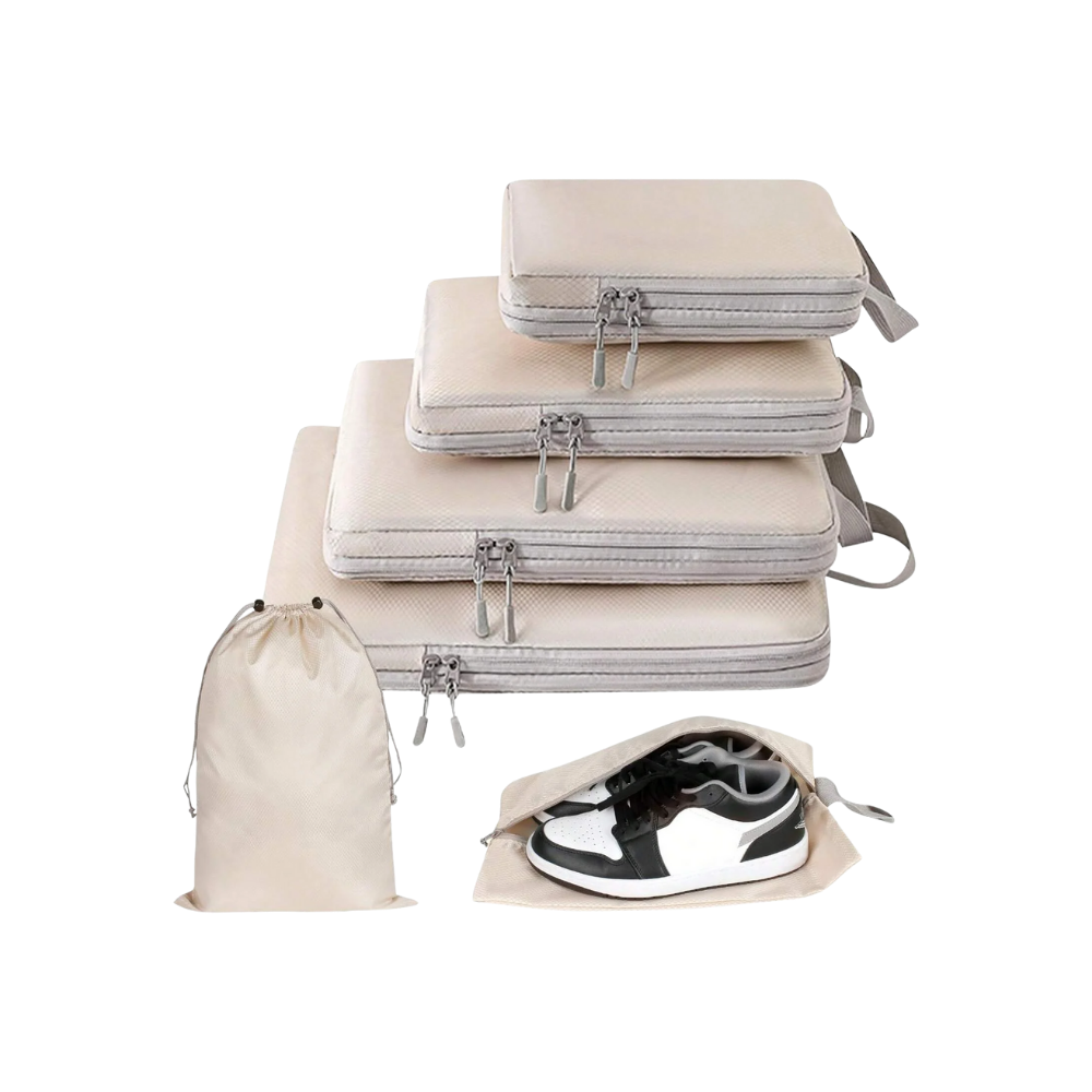 Conjunto de 4 sacos de compressão para bagagem Egdank na cor bege, organizadores de roupas e acessórios para viagem