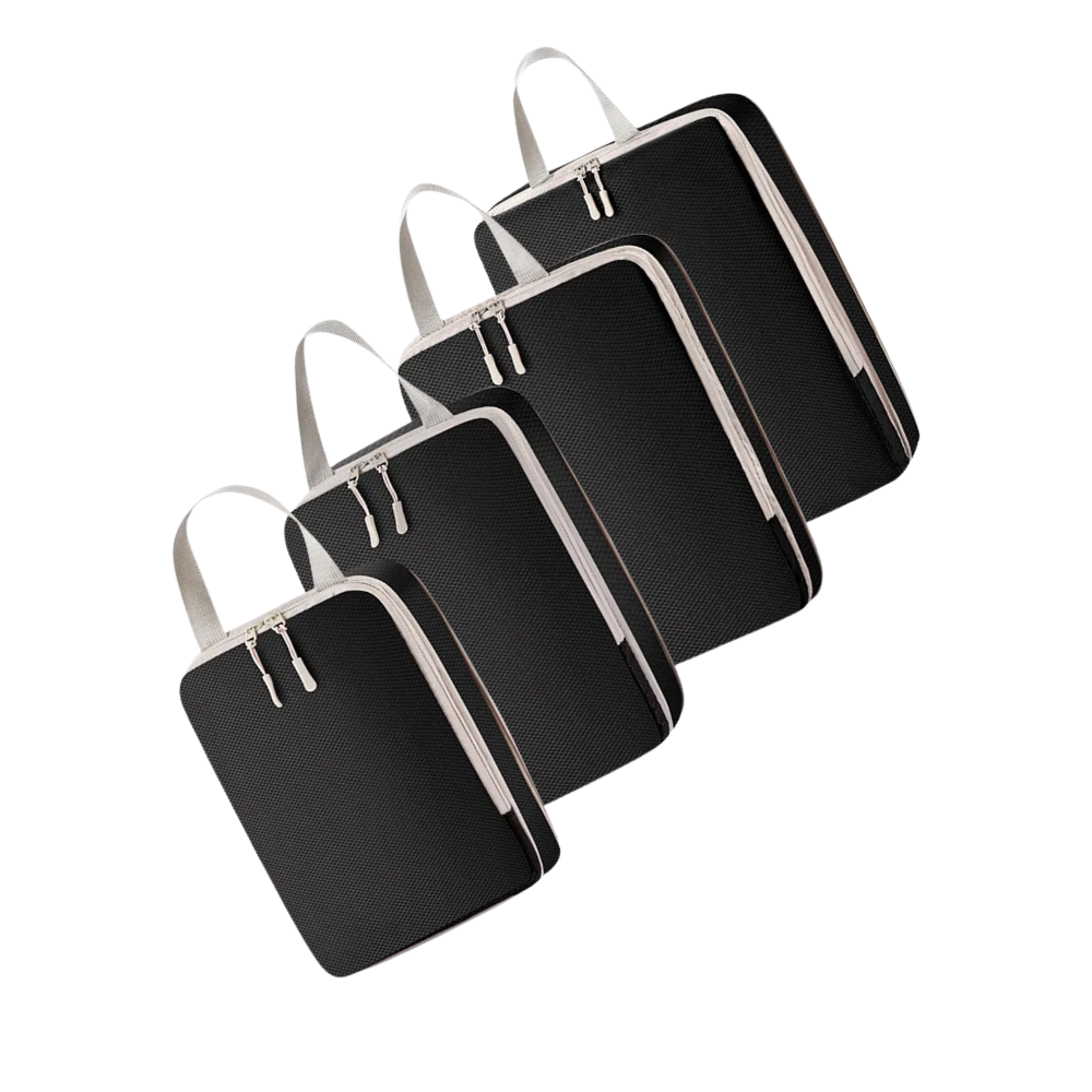Conjunto de 4 sacos de compressão para bagagens Egdank na cor bege, organizadores práticos para mala e viagem.