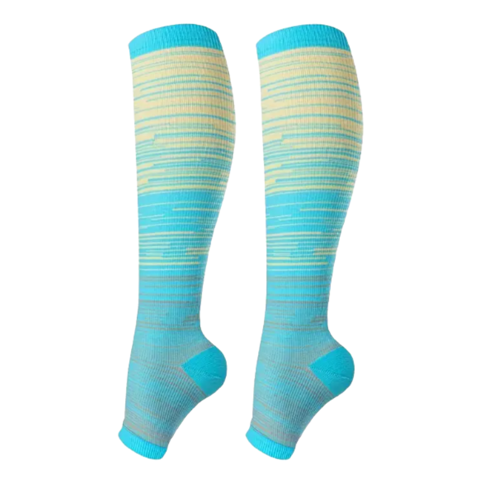 Meias de compressão elásticas com abertura dos dedos na cor azul, fabricadas pela Julietta, para conforto e suporte nos pés
