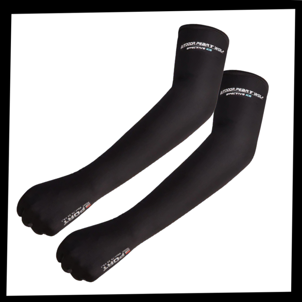Luvas de proteção solar para braços da marca Elaydool, usadas na segurança de veículos, em tom azul para mulheres.
