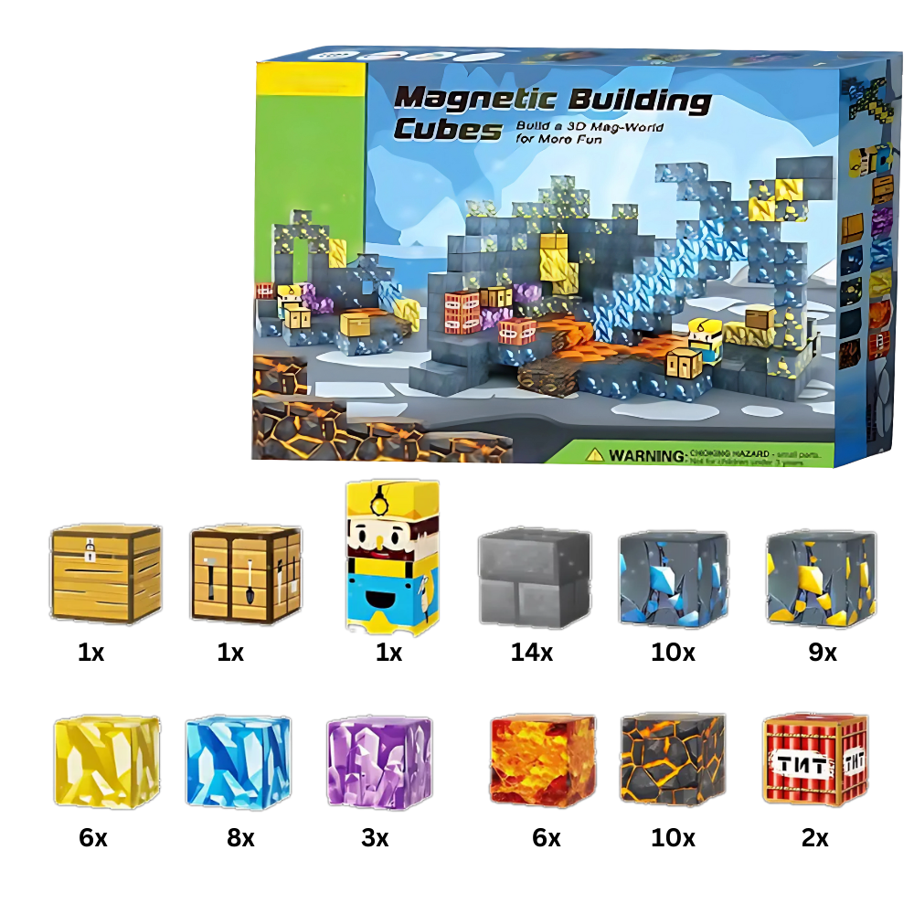 Blocos magnéticos Minecraft da Elegant, brinquedo de construção com 72 peças, ideal para montar cenários do jogo Minecraft.