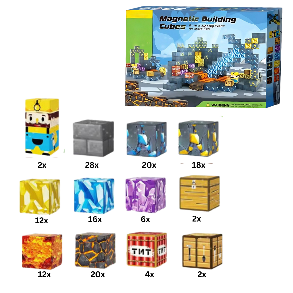 Blocos magnéticos de construção Minecraft da marca Elegant, conjunto com 72 peças para montar personagens e cenários.