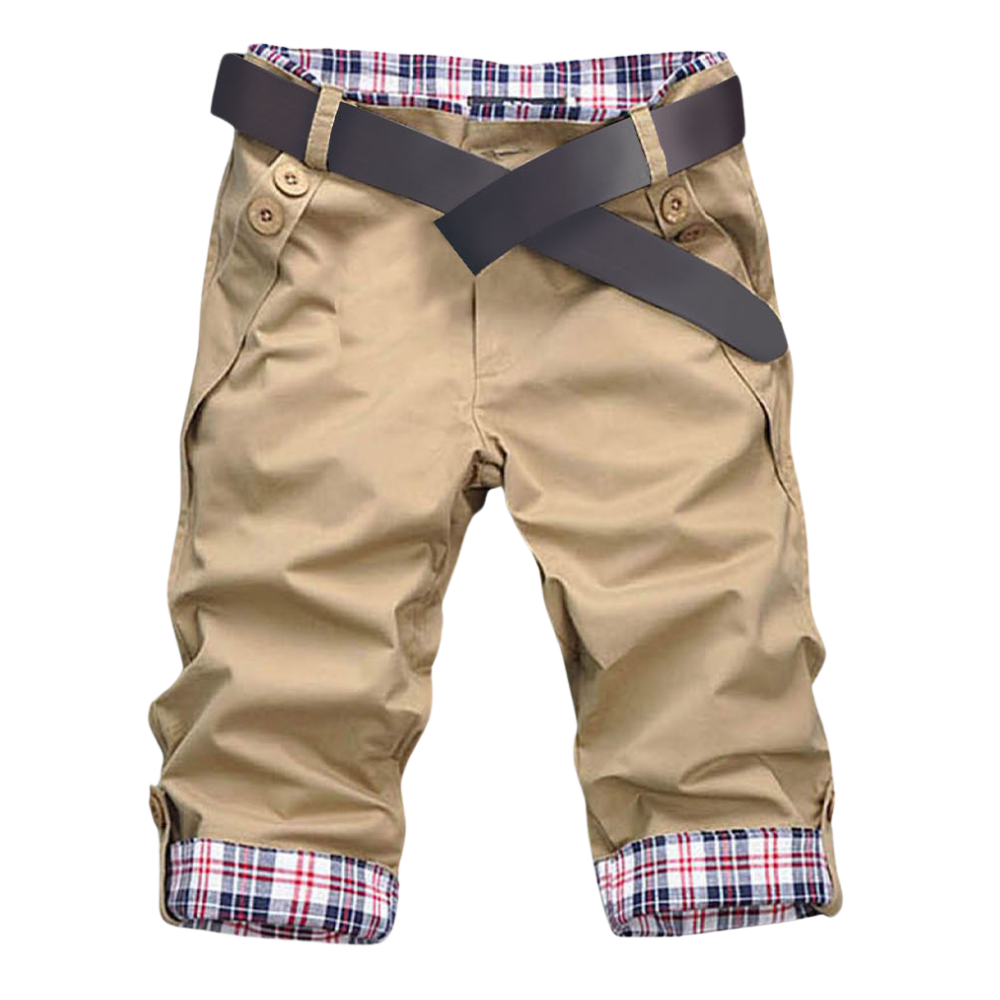 Shorts cargo masculinos elegantes da Poseidon em tom cáqui, com bolsos e acabamento moderno, ideal para looks casuais e sofisticados.