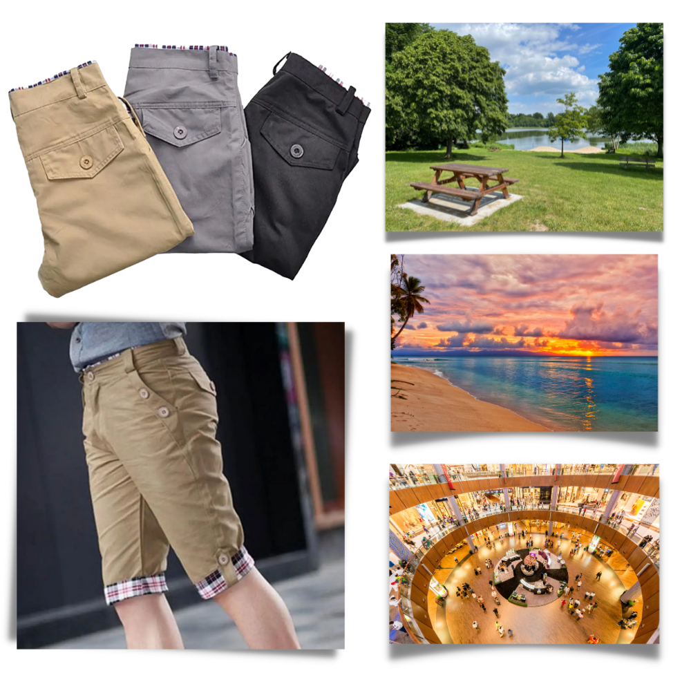 Shorts cargo masculinos da Poseidon, elegantes e versáteis, apresentados em um look casual e sofisticado.