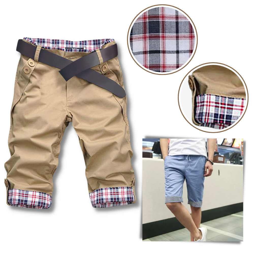 Shorts cargo masculinos elegantes da Poseidon com estampa xadrez, tecido de qualidade e estilo casual sofisticado.