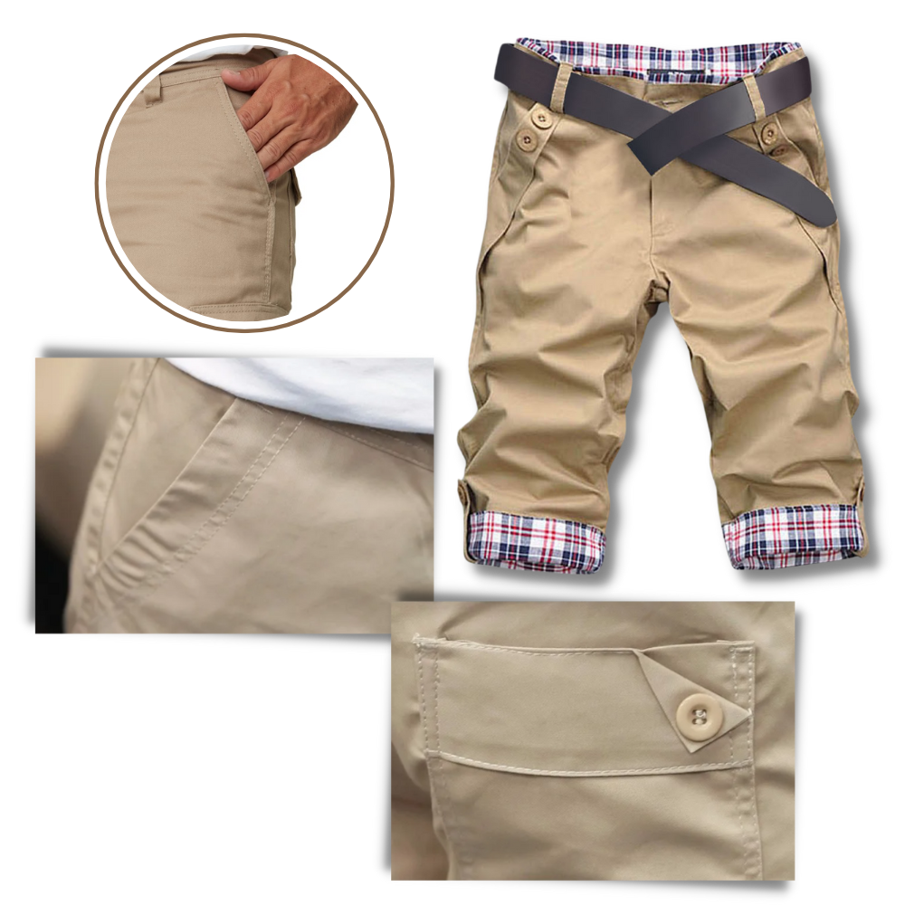 Shorts cargo masculinos elegantes da Poseidon com bolsos frontais e detalhes modernos, tecido confortável e estilo casual.
