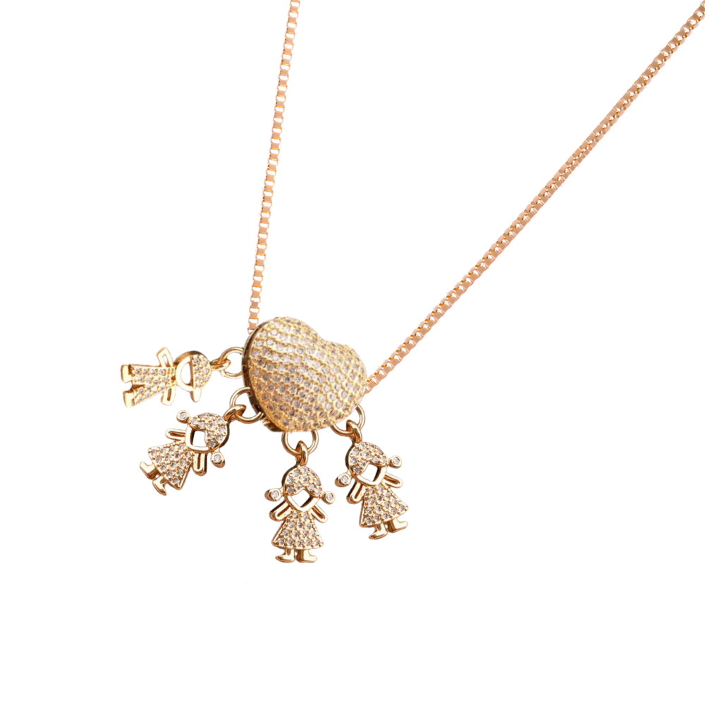 Colar elegante da Haribason com pingentes de mãe, menino e três meninas, design delicado e sofisticado para ocasiões especiais.