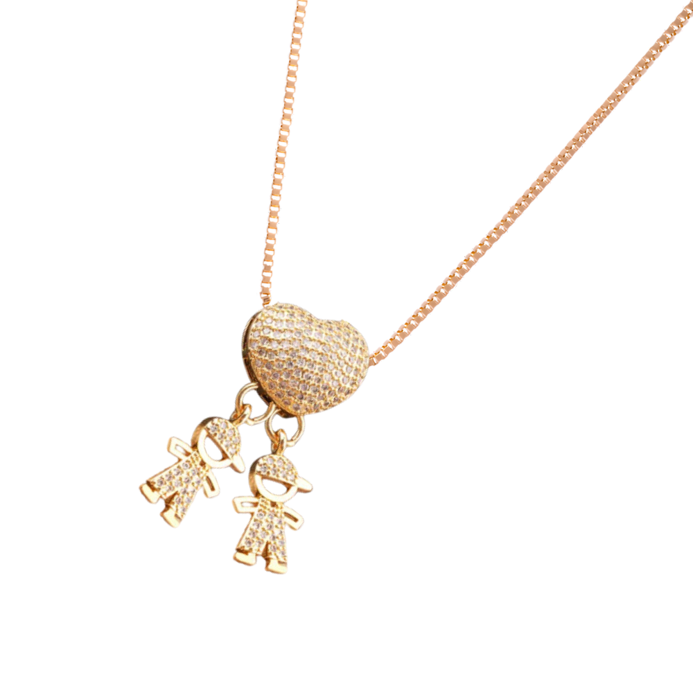Colar elegante com pingentes para mãe da marca Haribason, com dois pingentes de meninos, em estilo delicado e sofisticado.