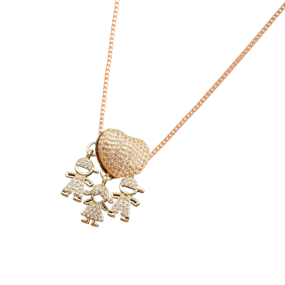 Colar elegante da Haribason com berloques de dois meninos e uma menina, design delicado para mães.