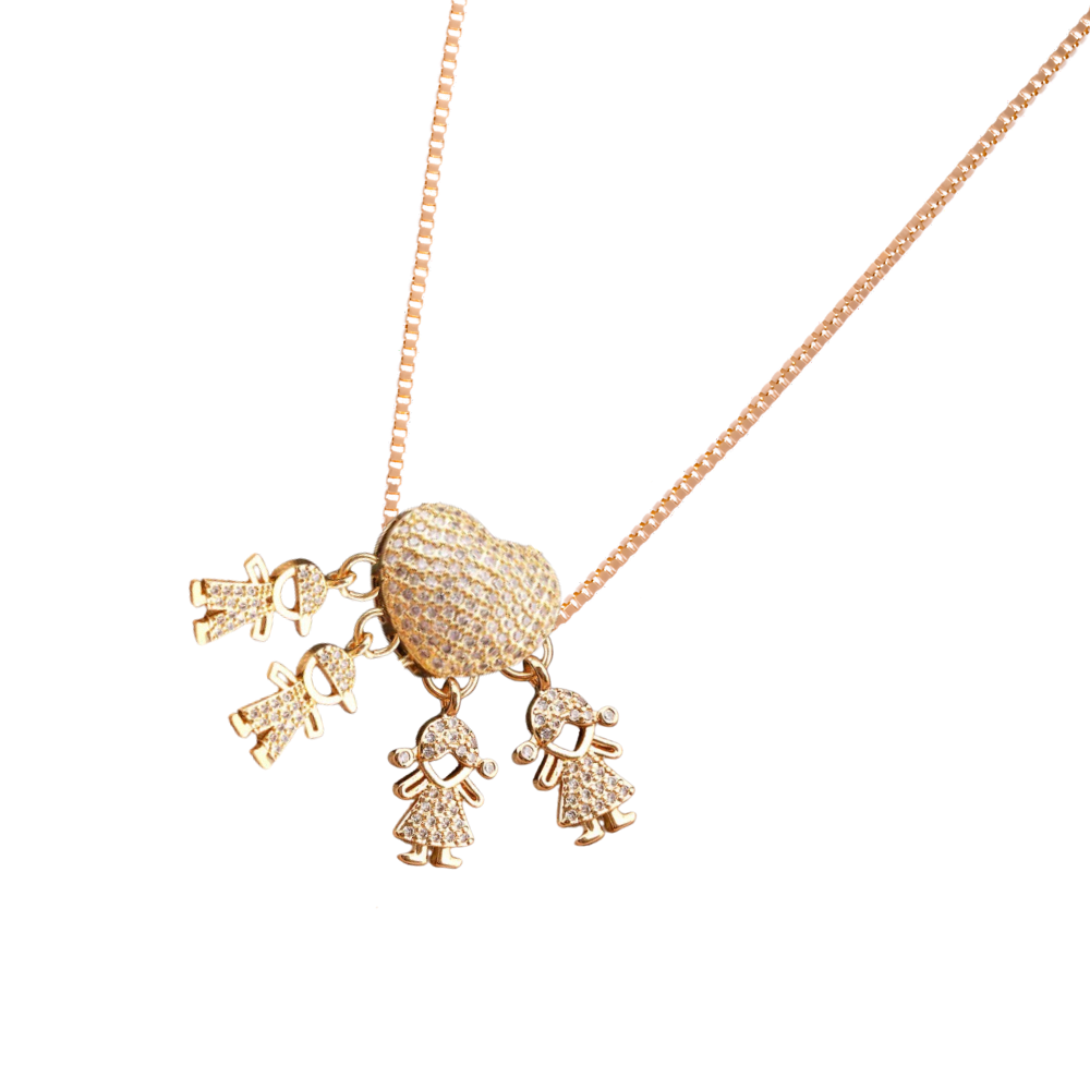 Colar elegante com pingentes de dois meninos e duas meninas, feito pela marca Haribason, ideal para mães.