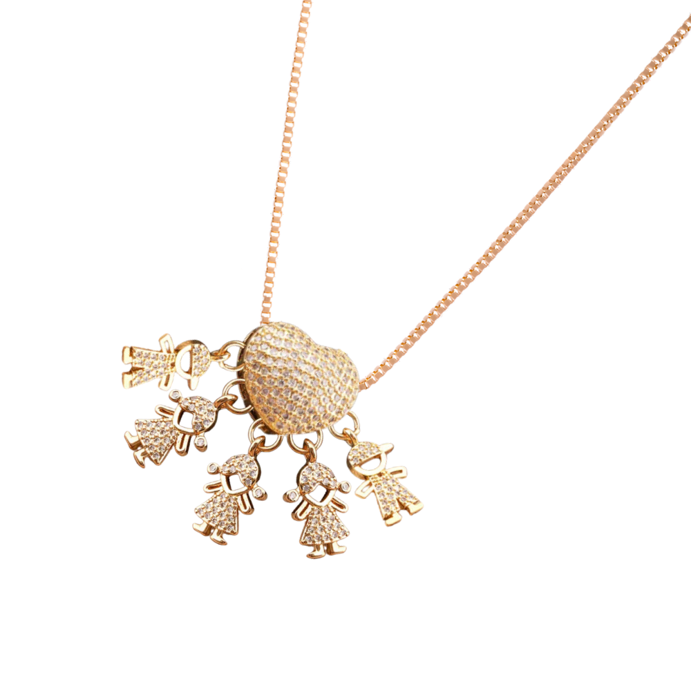 Colar elegante com pingentes para mães, com charms de dois meninos e três meninas, da marca Haribason.