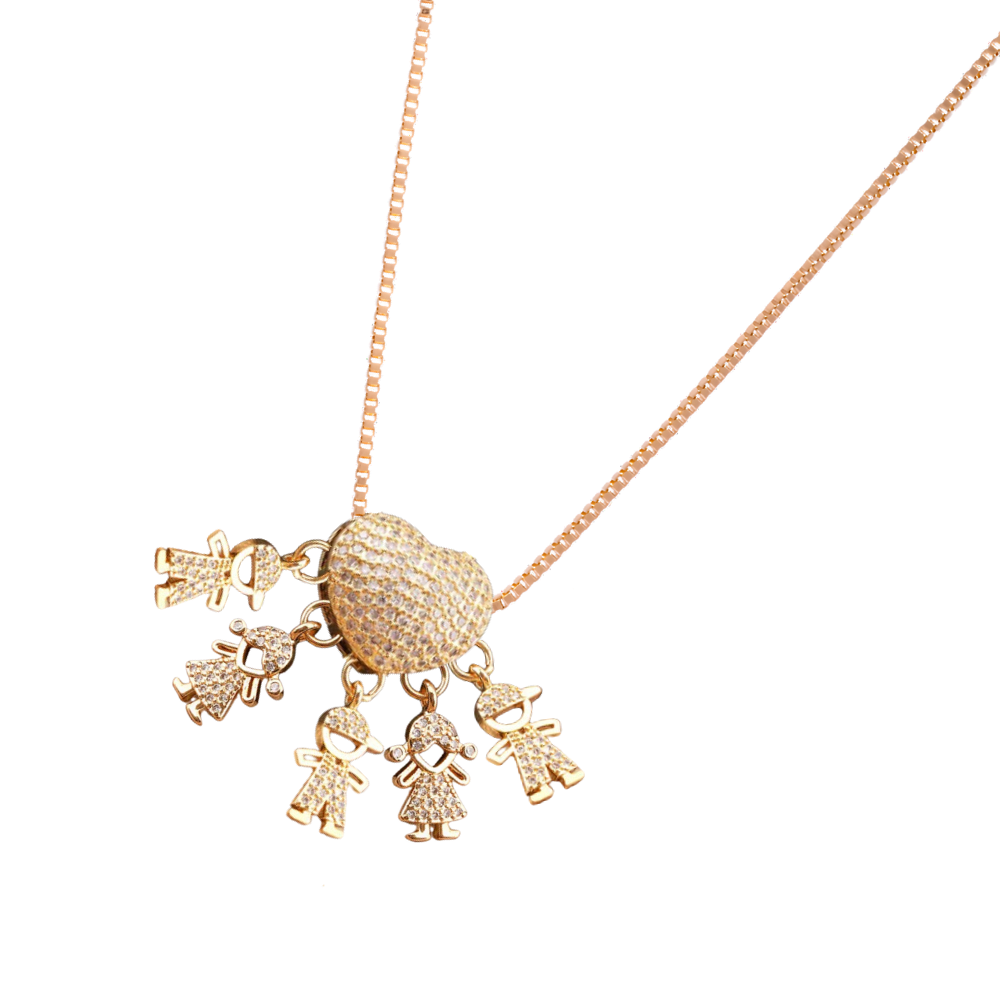 Colar elegante com pingentes de agradecimento para mãe, com charms de dois meninos e duas meninas, da marca Haribason.