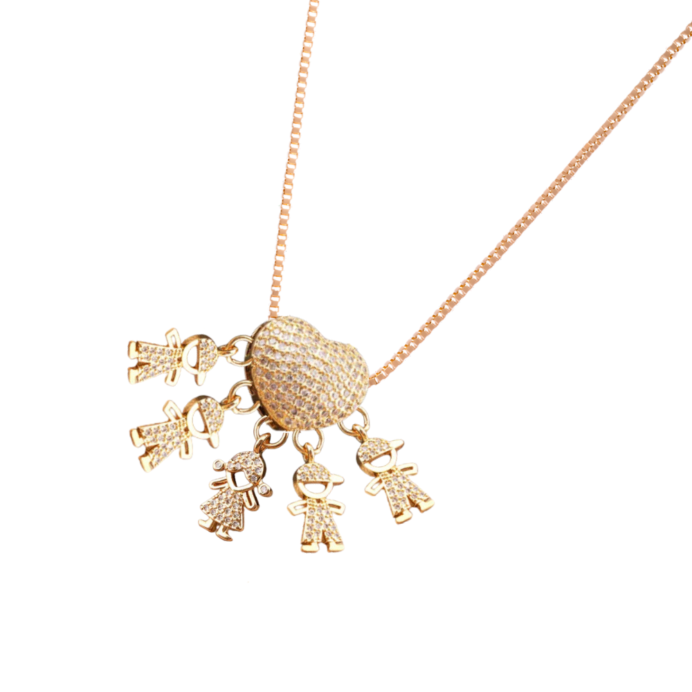 Colar elegante com pingentes para mãe, com charms de 4 meninos e 1 menina, da marca Haribason.