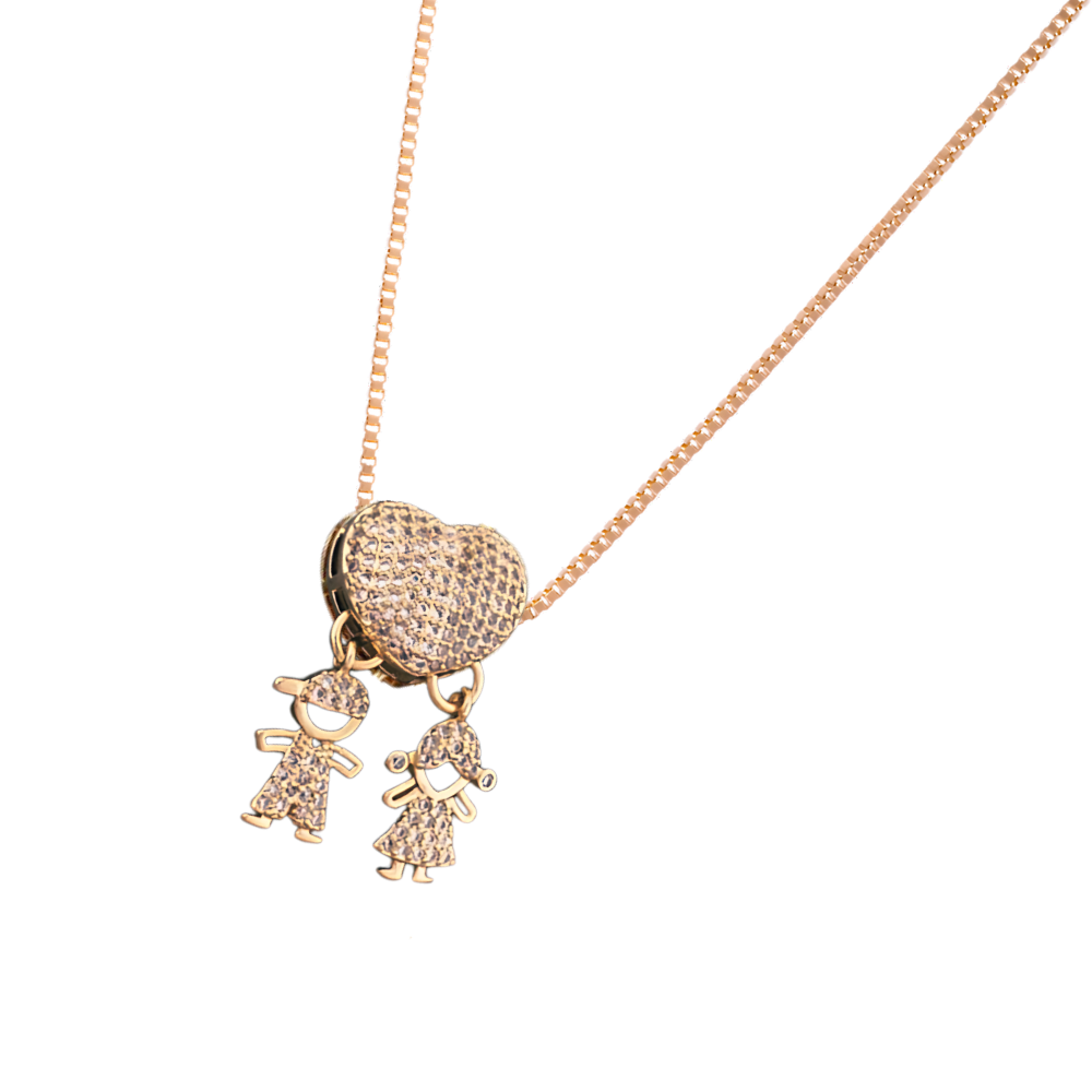 Colar elegante para mãe com pingentes de menino e menina, feito pela marca Haribason, em estilo delicado e sofisticado.