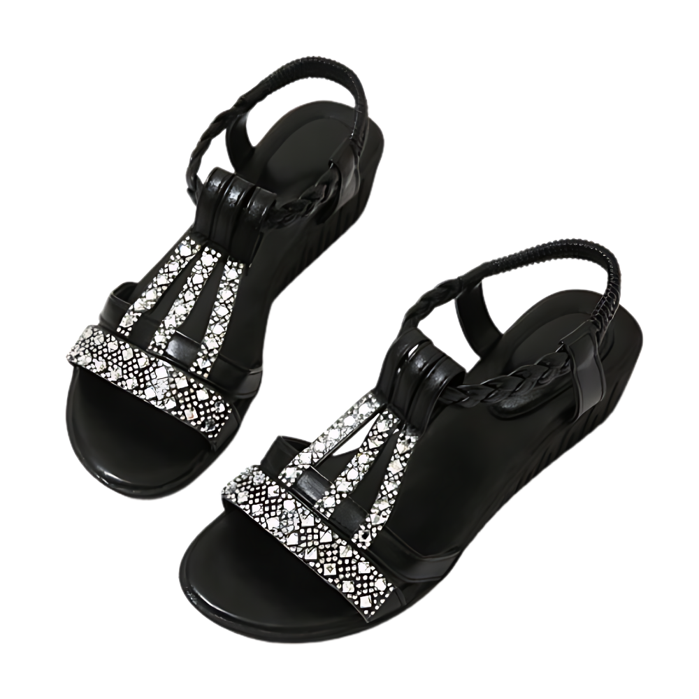 Sandálias ortopédicas elegantes estilo boho da marca Gnobogi, com design sofisticado e confortável em couro preto.