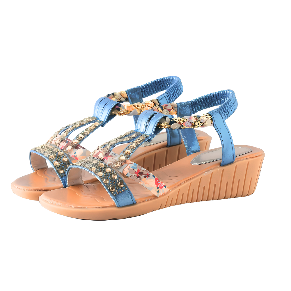 Sandálias ortopédicas elegantes boho da Gnobogi, com design confortável e estilo sofisticado em tom azul.