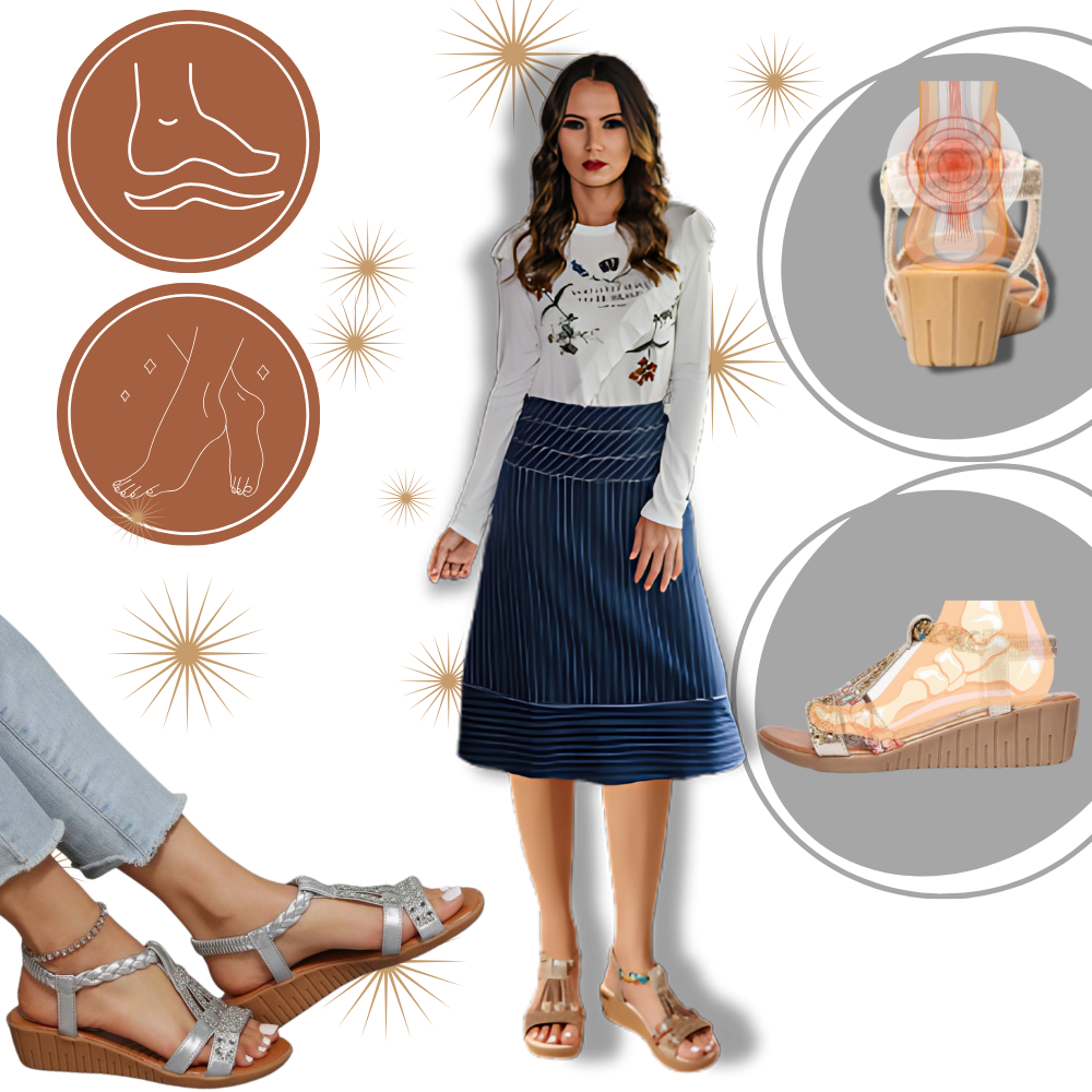 Sandálias ortopédicas elegantes com estilo boho, marca Gnobogi, com design confortável e detalhes sofisticados.