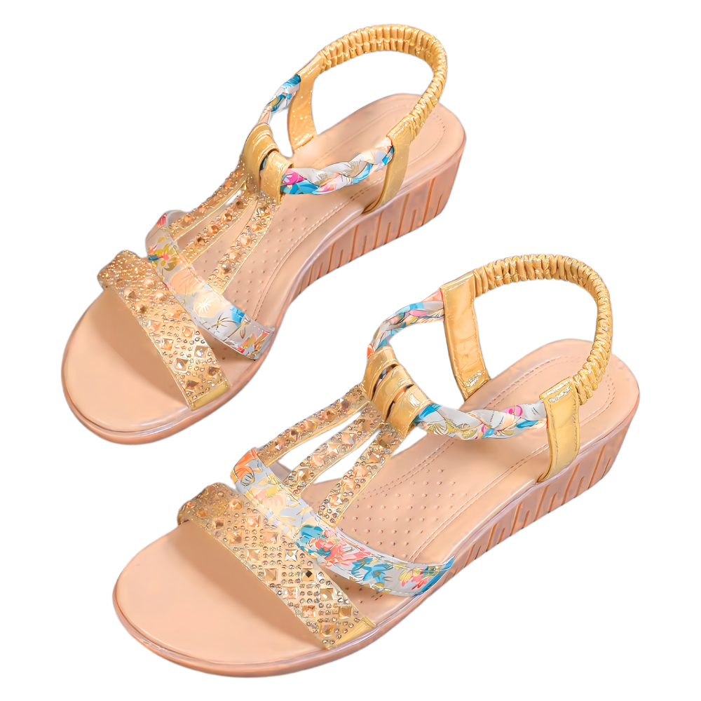 Sandálias ortopédicas elegantes estilo boho da Gnobogi, com design sofisticado e detalhes dourados.