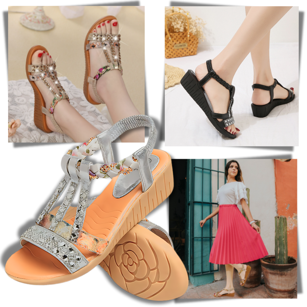 Sandálias ortopédicas elegantes com estilo boho, modelo da marca Gnobogi, com design confortável e sofisticado.