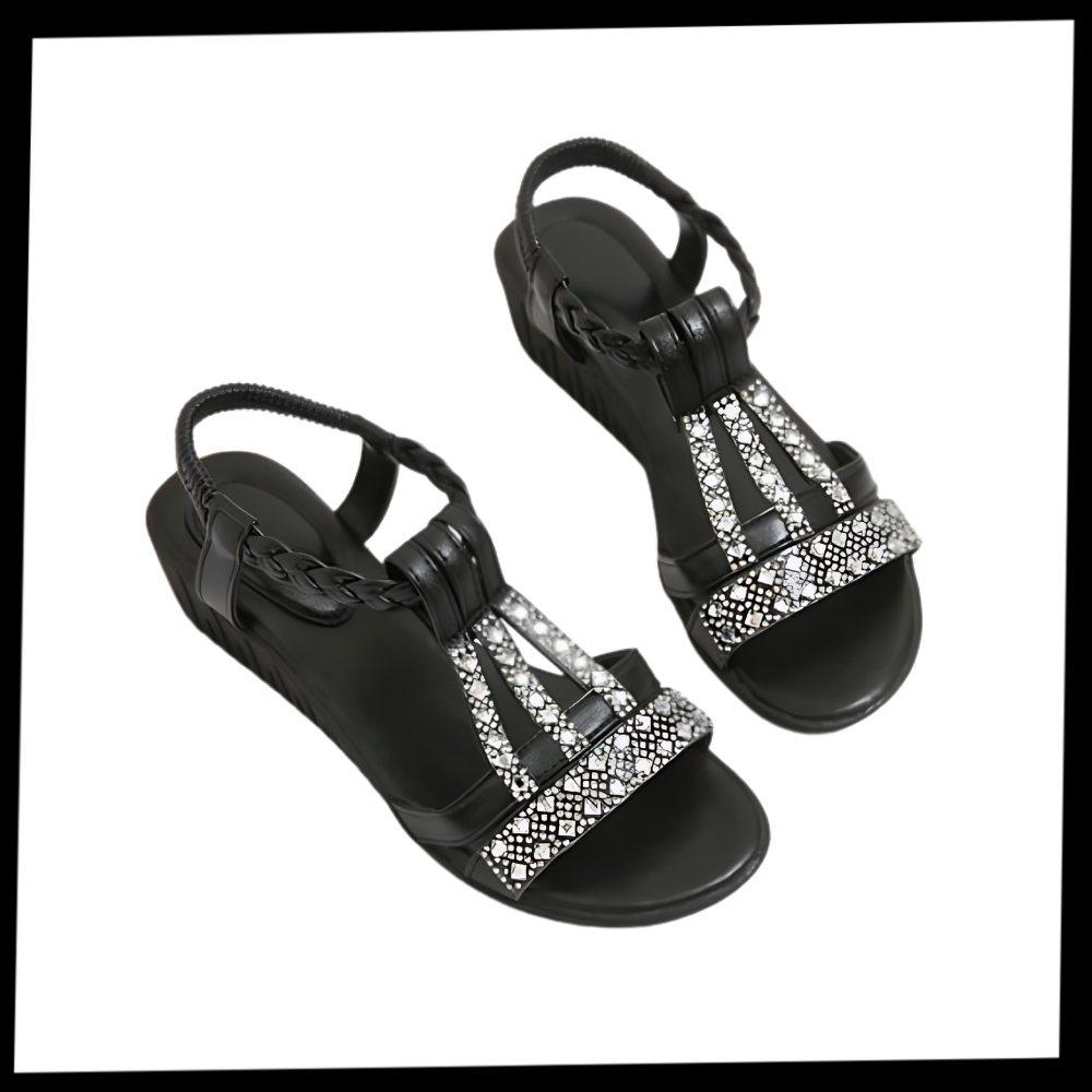 Sandálias ortopédicas elegantes estilo boho da Gnobogi, com design confortável e sofisticado para uso diário.