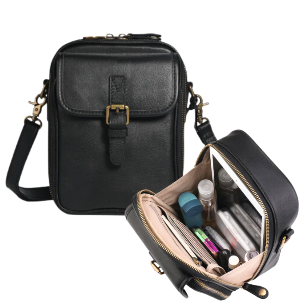 Bolsa transversal elegante e versátil Matoen em couro preto, ideal para uso diário e ocasiões especiais.