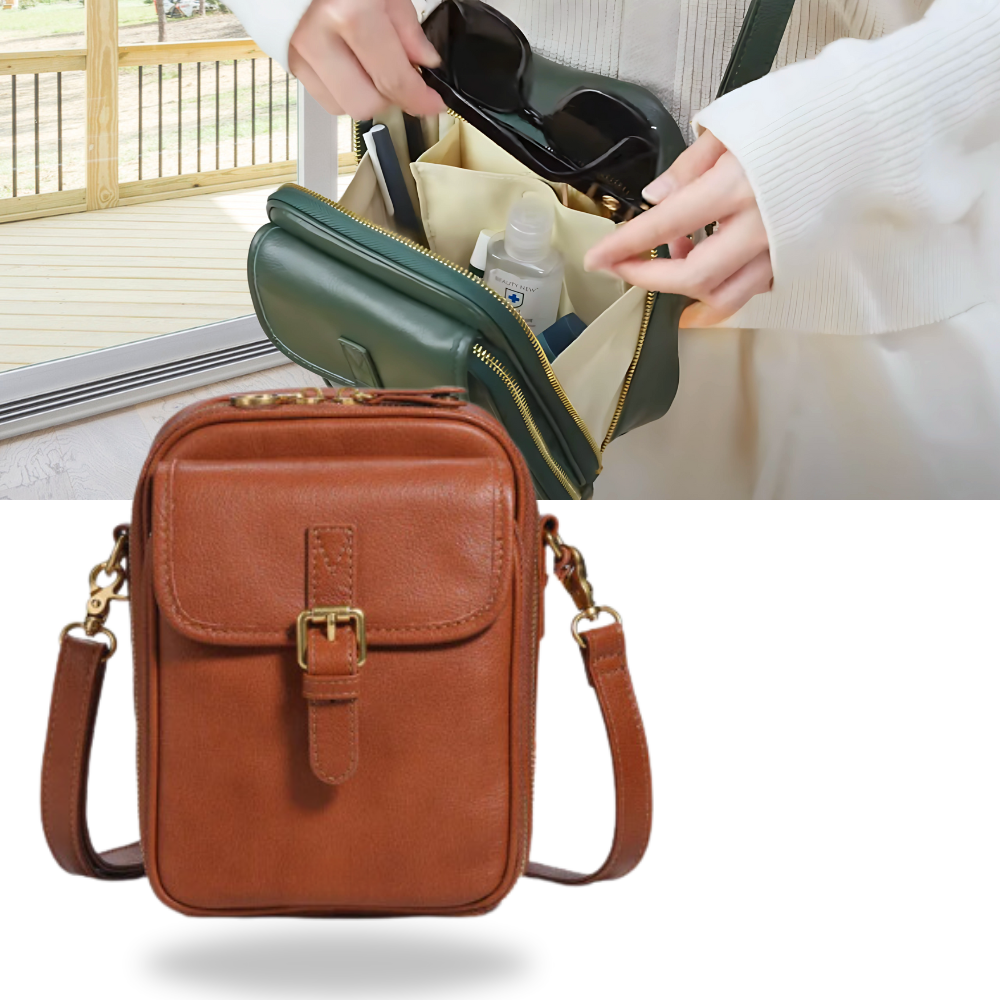 Bolsa transversal vintage e versátil da Matoen, com acabamento elegante e detalhes de couro, ideal para uso diário.