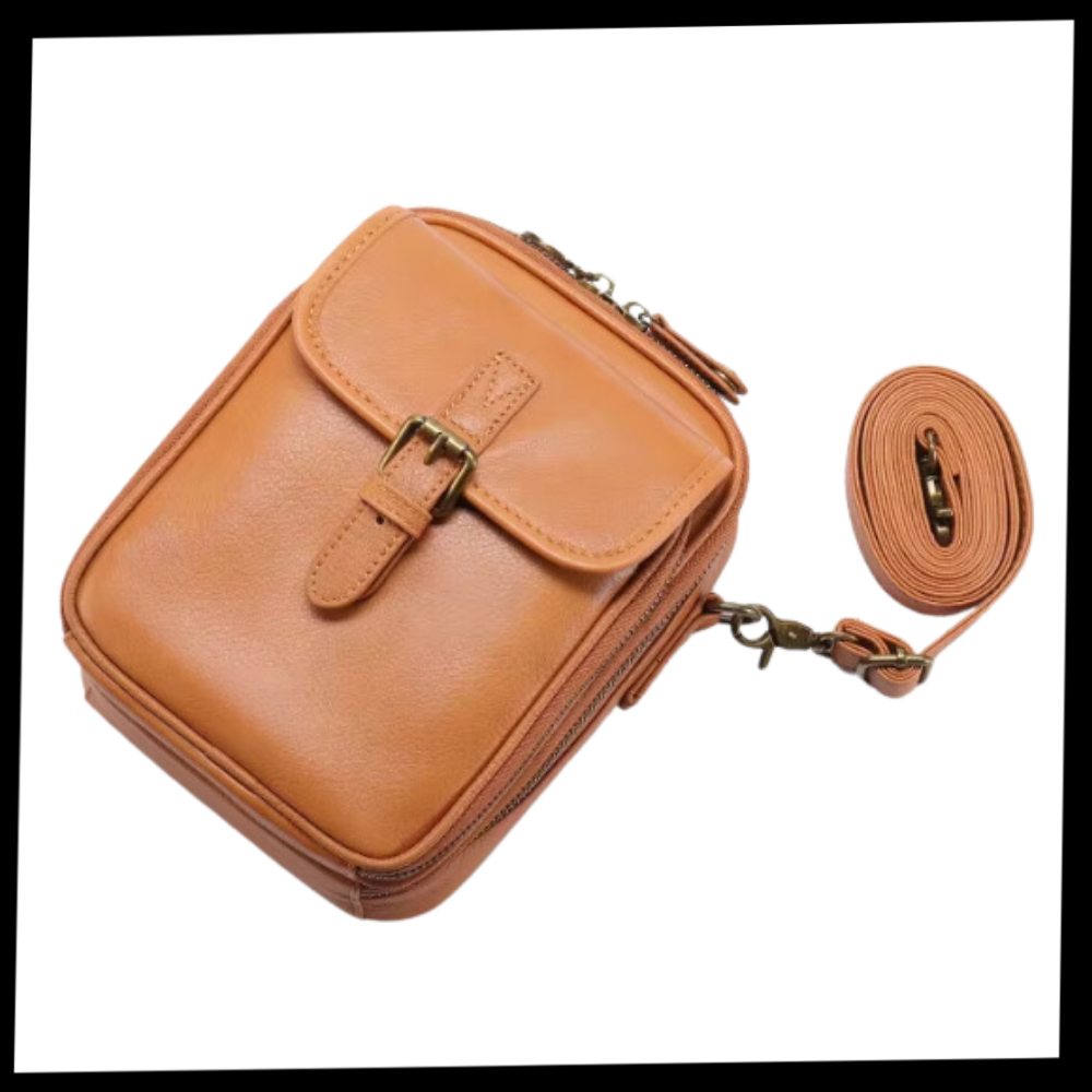 Bolsa transversal vintage multifuncional Matoen, elegante e versátil, com detalhes de couro e alça ajustável.