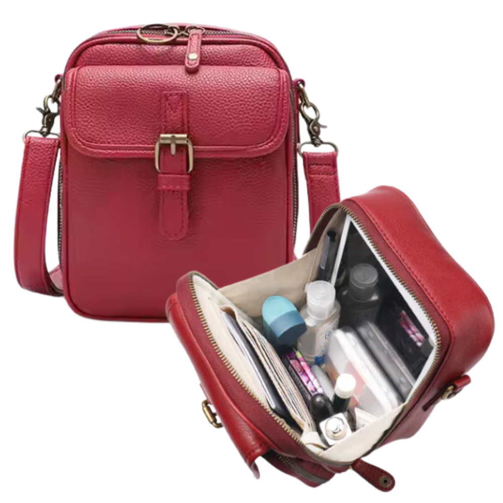 Bolsa transversal elegante e versátil da marca Matoen, com acabamento em couro vermelho e alça ajustável.