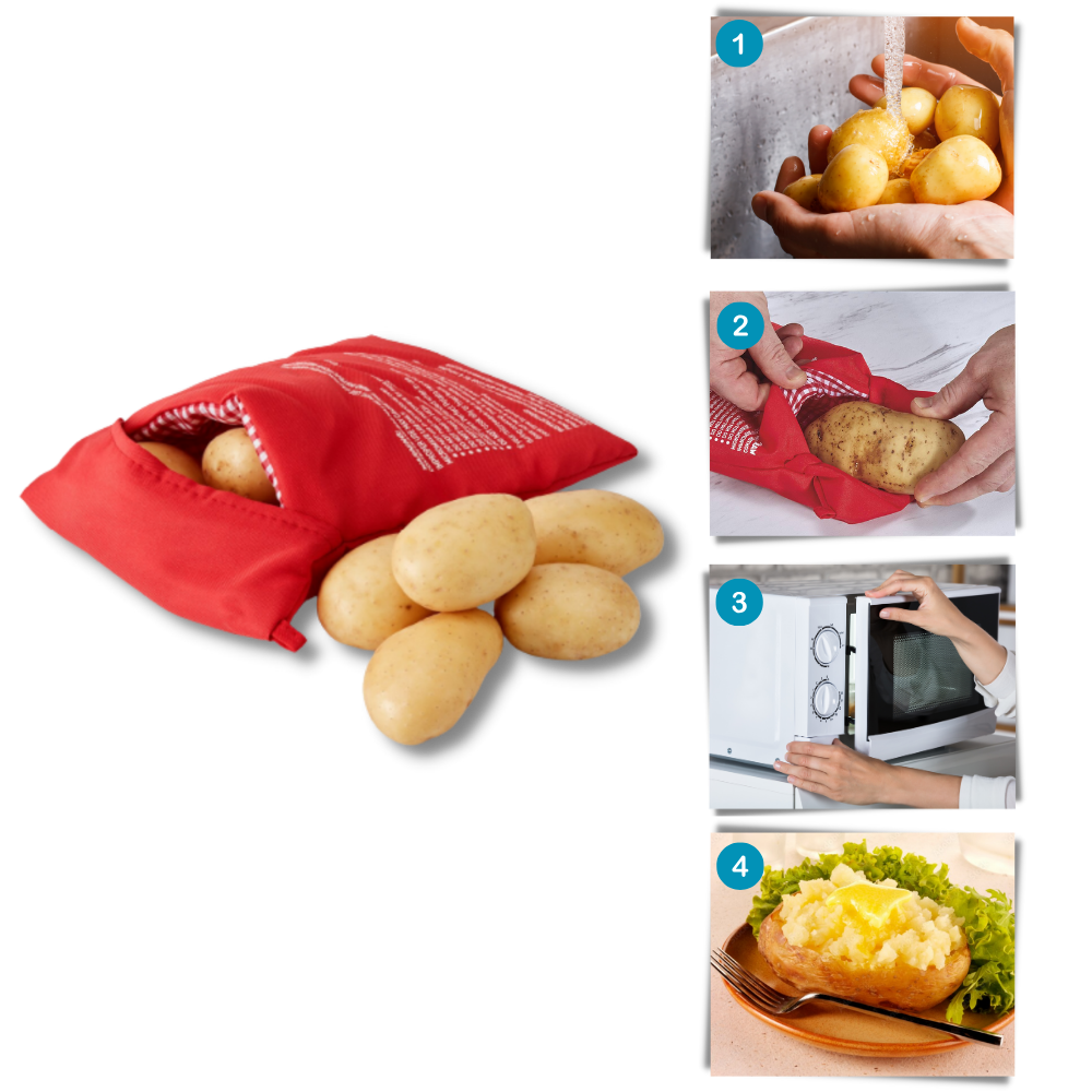 Sac de cuisson à pommes de terre Blirik, accessório para micro-ondas, mostrando como cozinhar batatas de forma eficiente e prática.