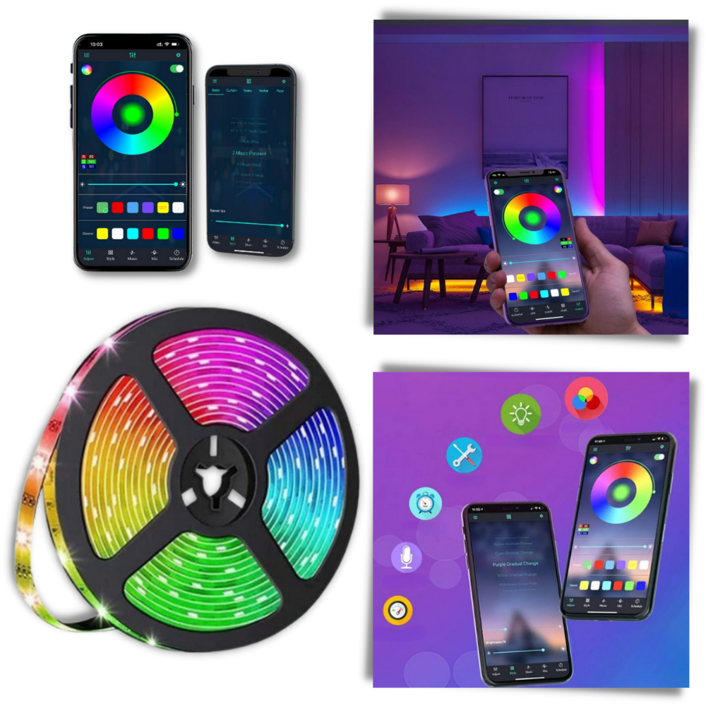 Faixa de LED RGB econômica da Flw, dispositivo de iluminação com luzes coloridas e energia eficiente para ambientes internos.