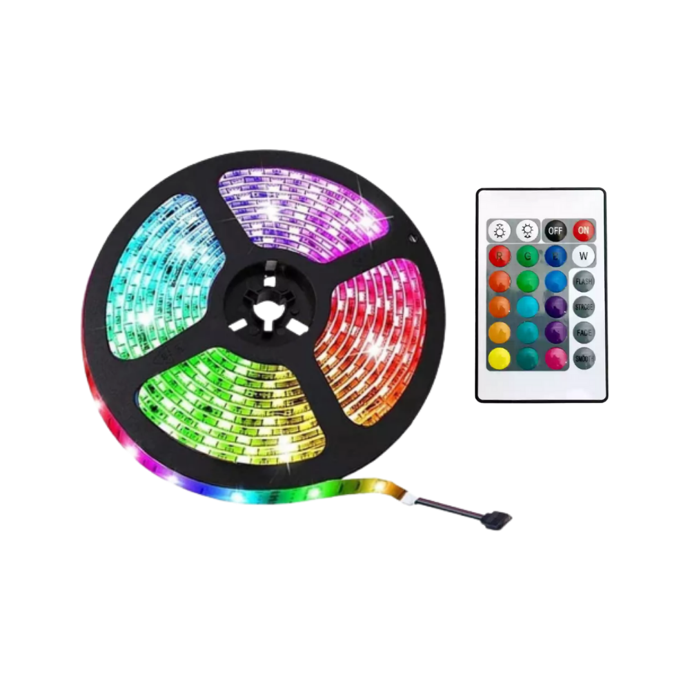 Cinta de luz LED RGB econômica da marca Flw, iluminação decorativa com cores vibrantes e baixo consumo de energia.