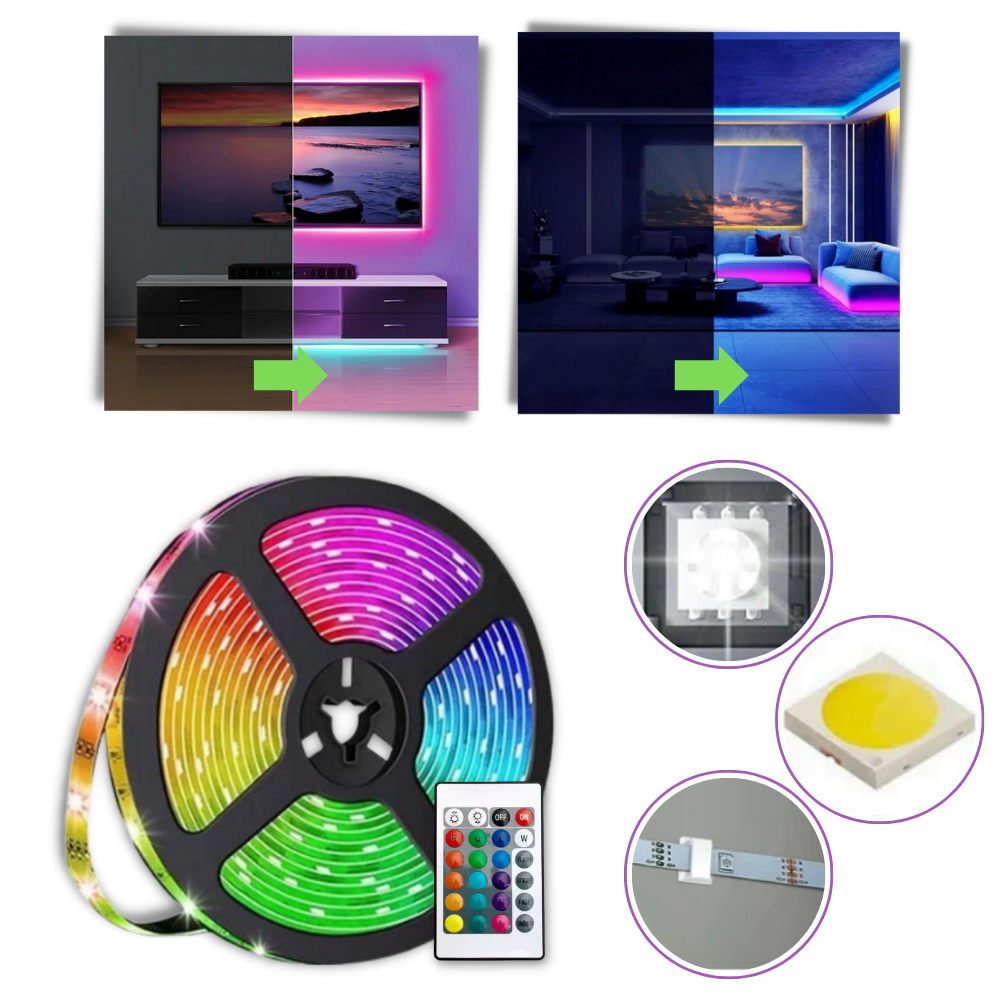 Fita LED RGB econômica da Flw, aparelho de iluminação com luzes coloridas e efeito de iluminação vibrante.
