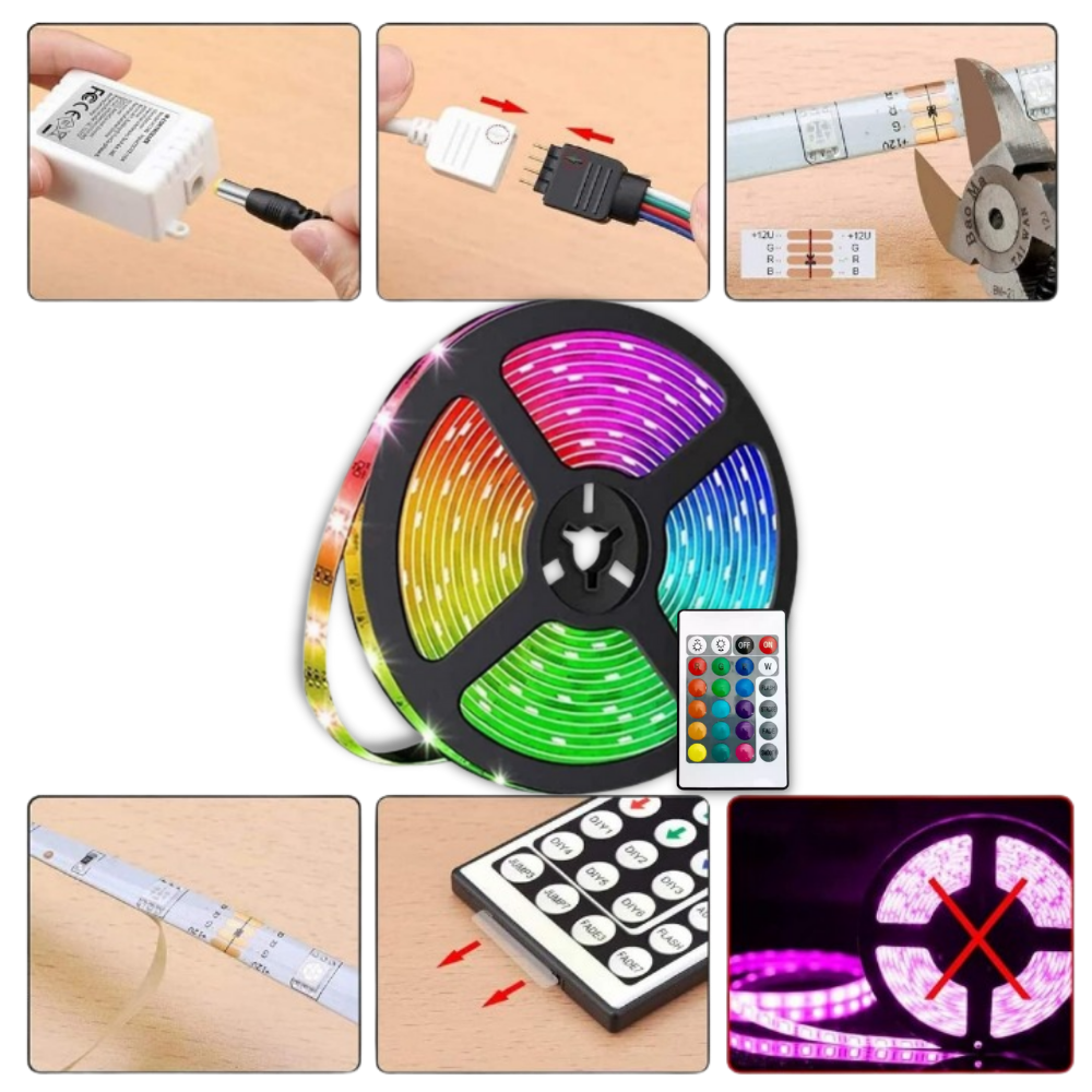 Fita de LED RGB econômica da Flw instalada, iluminação decorativa e eficiente para ambientes internos e externos.